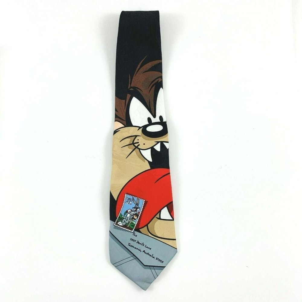 Looney Tunes Men's Necktie, Stamp Collection, Taz, Bugs Bunny. Stamp. 1997. VGC